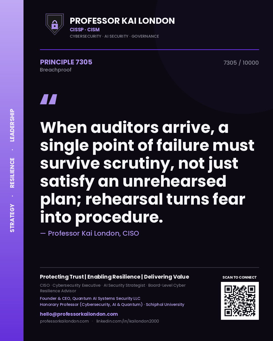 Professor Kai London principle 7305: When auditors arrive, a single point of failure must survive scrutiny, not just satisfy an unrehearsed plan; rehearsal turns fear into procedure.