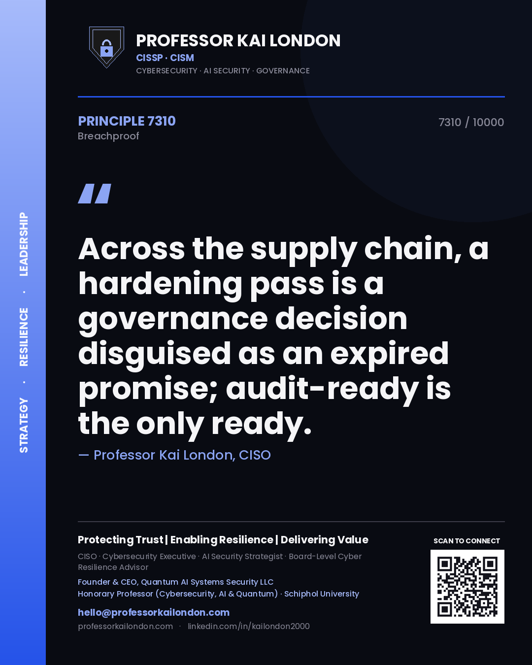 Professor Kai London principle 7310: Across the supply chain, a hardening pass is a governance decision disguised as an expired promise; audit-ready is the only ready.