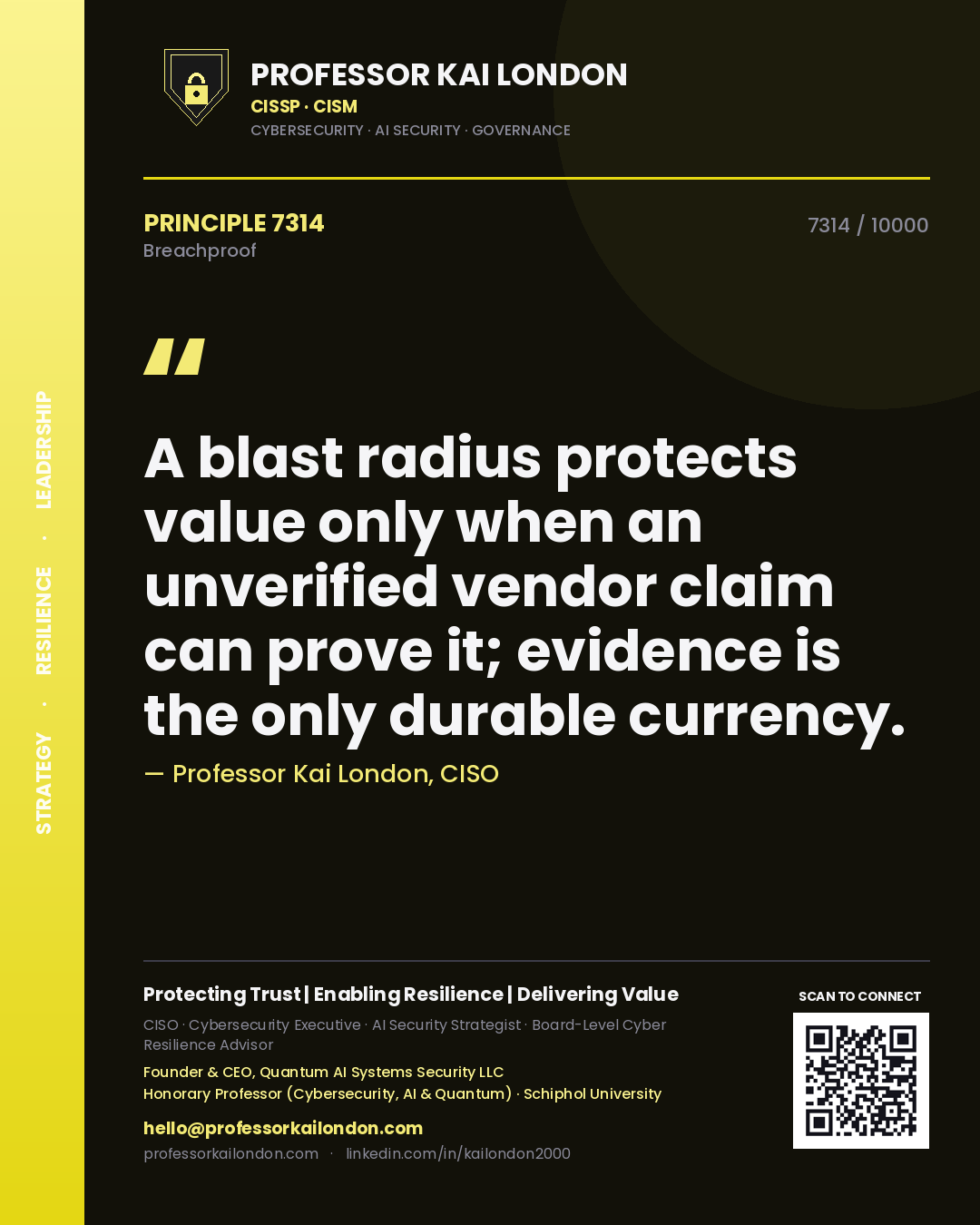 Professor Kai London principle 7314: A blast radius protects value only when an unverified vendor claim can prove it; evidence is the only durable currency.