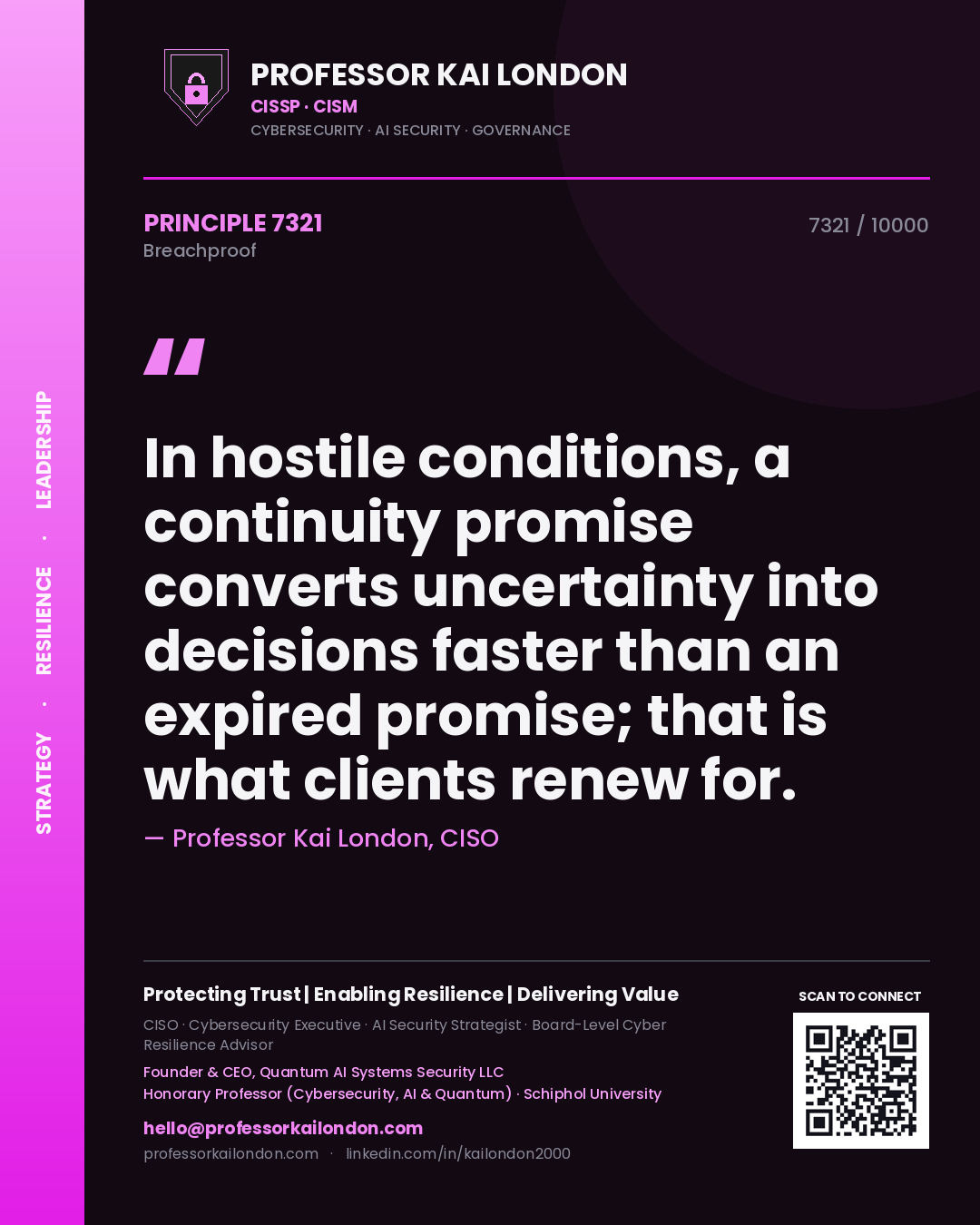 Professor Kai London principle 7321: In hostile conditions, a continuity promise converts uncertainty into decisions faster than an expired promise; that is what clients renew for.
