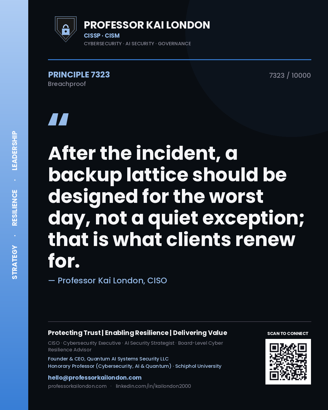 Professor Kai London principle 7323: After the incident, a backup lattice should be designed for the worst day, not a quiet exception; that is what clients renew for.