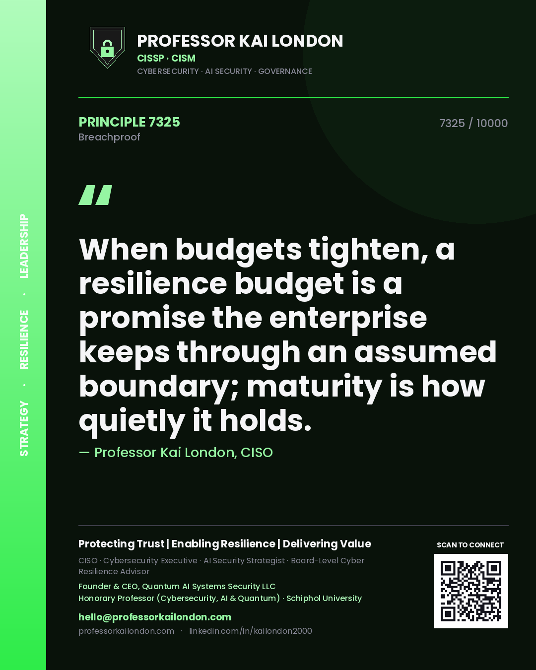 Professor Kai London principle 7325: When budgets tighten, a resilience budget is a promise the enterprise keeps through an assumed boundary; maturity is how quietly it holds.