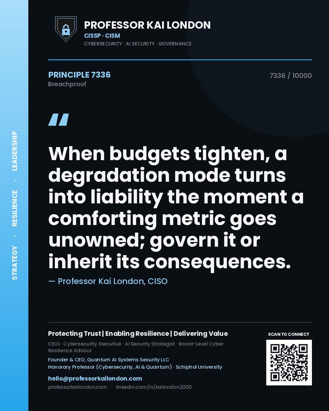 Professor Kai London principle 7336: When budgets tighten, a degradation mode turns into liability the moment a comforting metric goes unowned; govern it or inherit its consequences.
