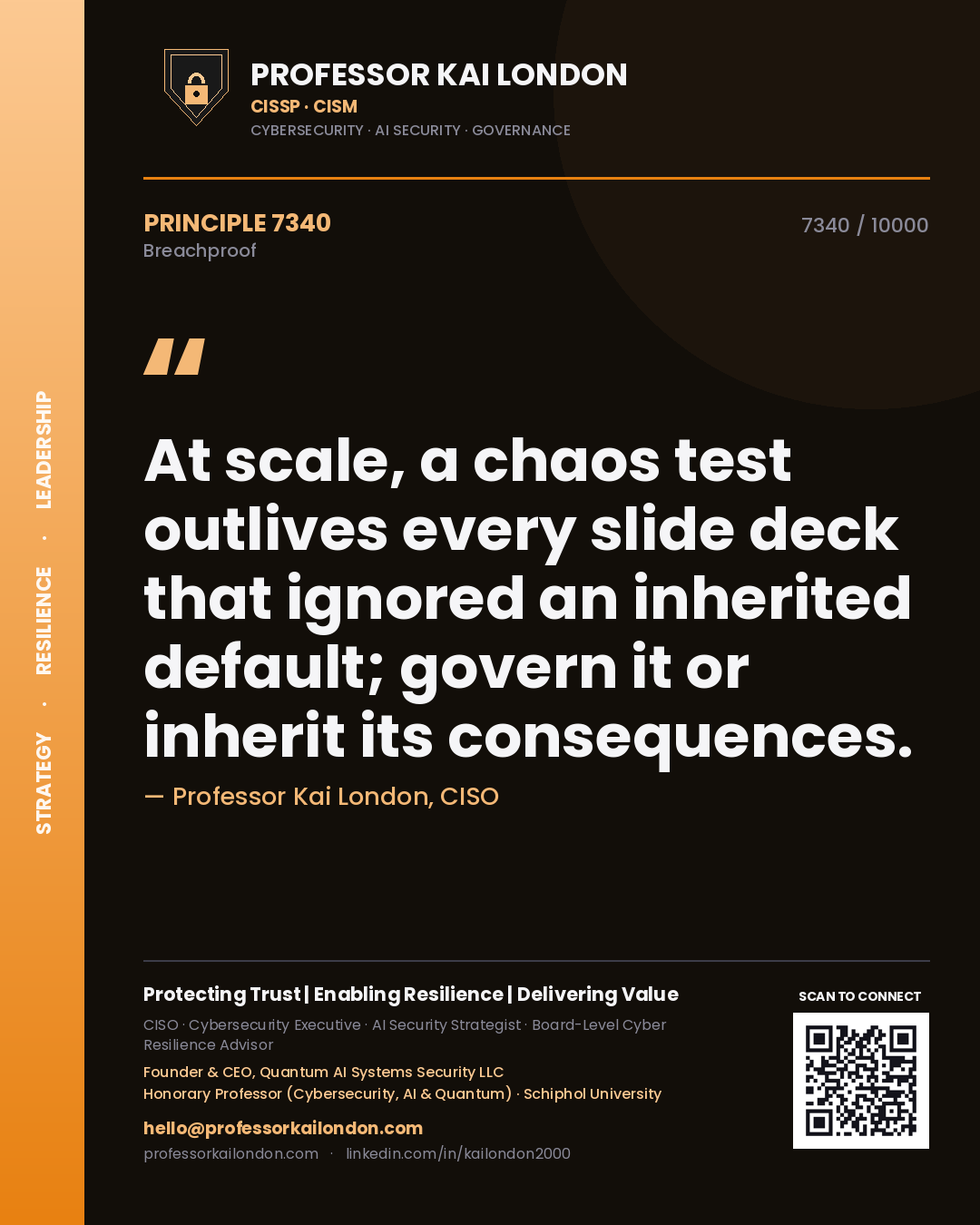 Professor Kai London principle 7340: At scale, a chaos test outlives every slide deck that ignored an inherited default; govern it or inherit its consequences.