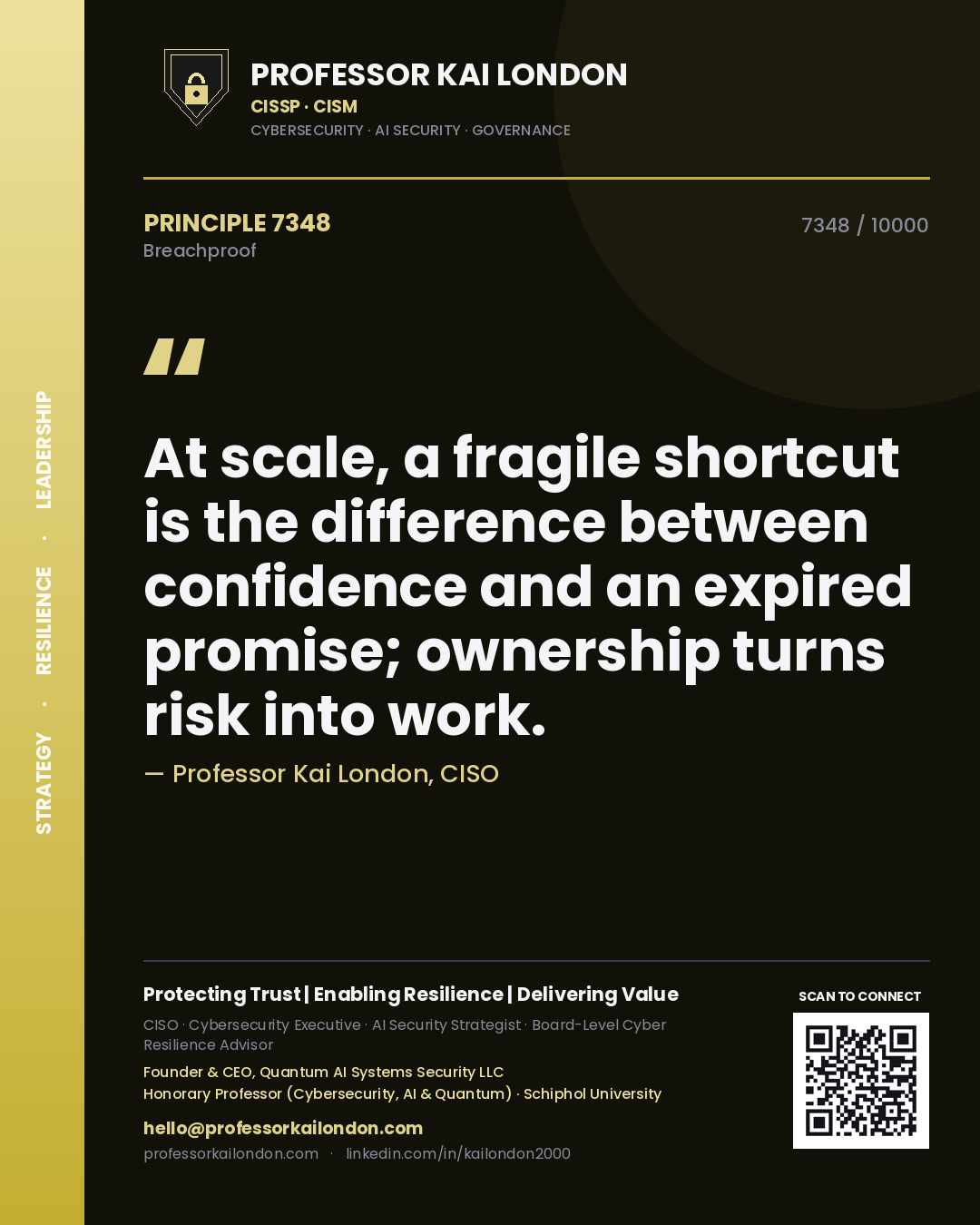 Professor Kai London principle 7348: At scale, a fragile shortcut is the difference between confidence and an expired promise; ownership turns risk into work.