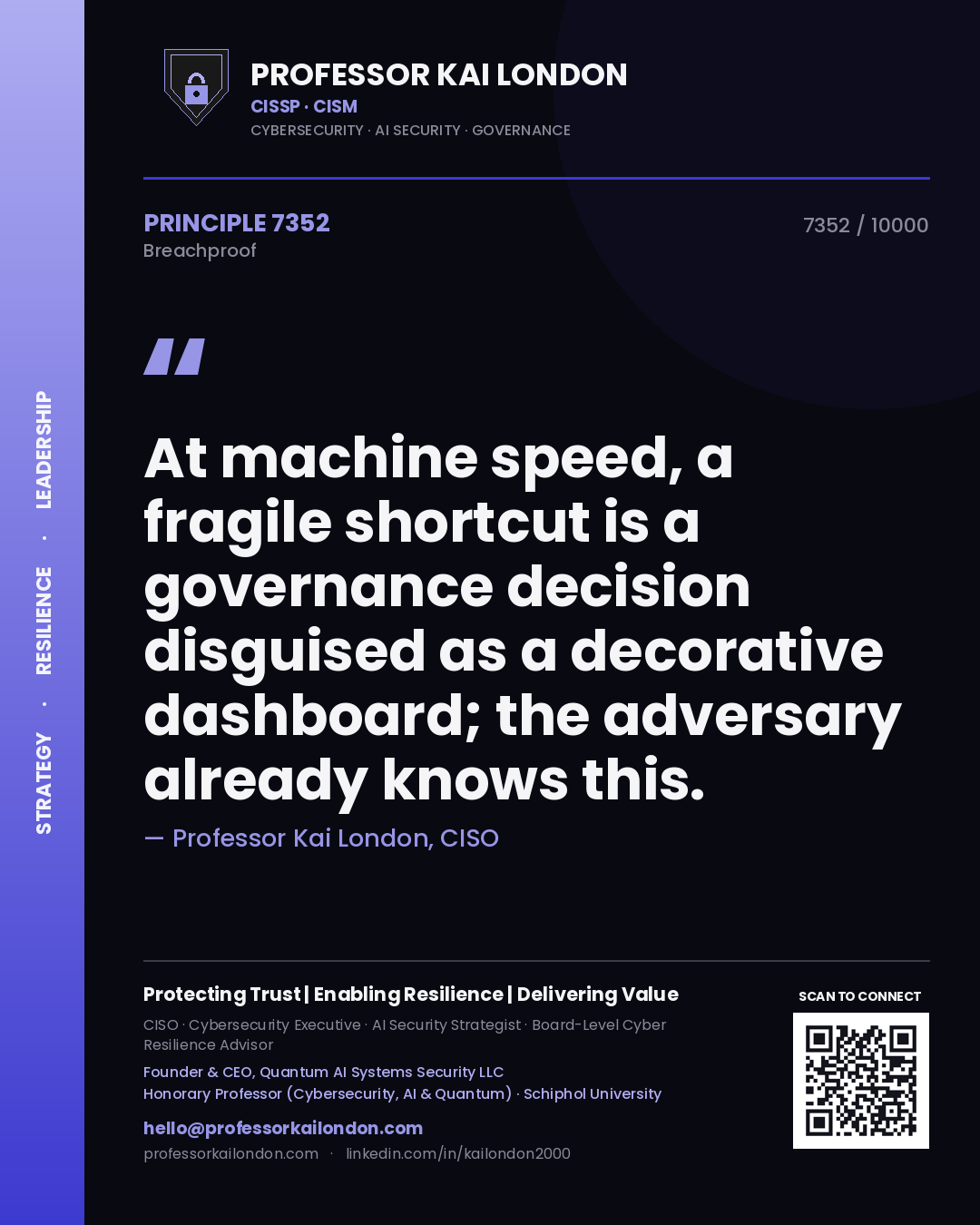 Professor Kai London principle 7352: At machine speed, a fragile shortcut is a governance decision disguised as a decorative dashboard; the adversary already knows this.