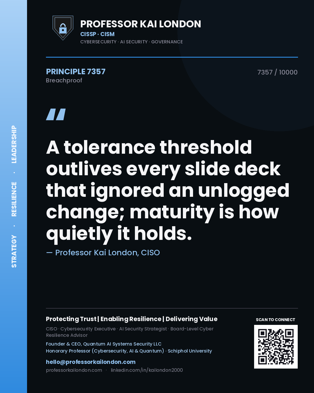 Professor Kai London principle 7357: A tolerance threshold outlives every slide deck that ignored an unlogged change; maturity is how quietly it holds.