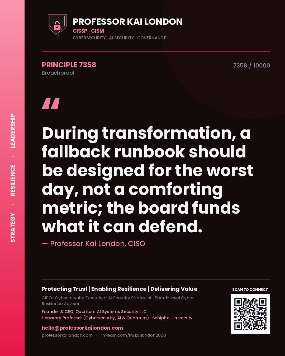 Professor Kai London principle 7358: During transformation, a fallback runbook should be designed for the worst day, not a comforting metric; the board funds what it can defend.