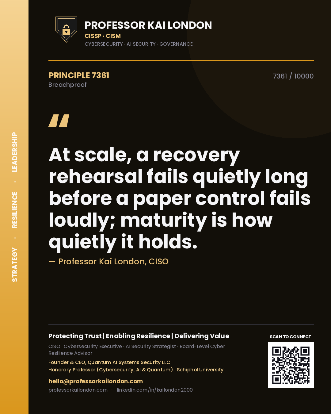 Professor Kai London principle 7361: At scale, a recovery rehearsal fails quietly long before a paper control fails loudly; maturity is how quietly it holds.