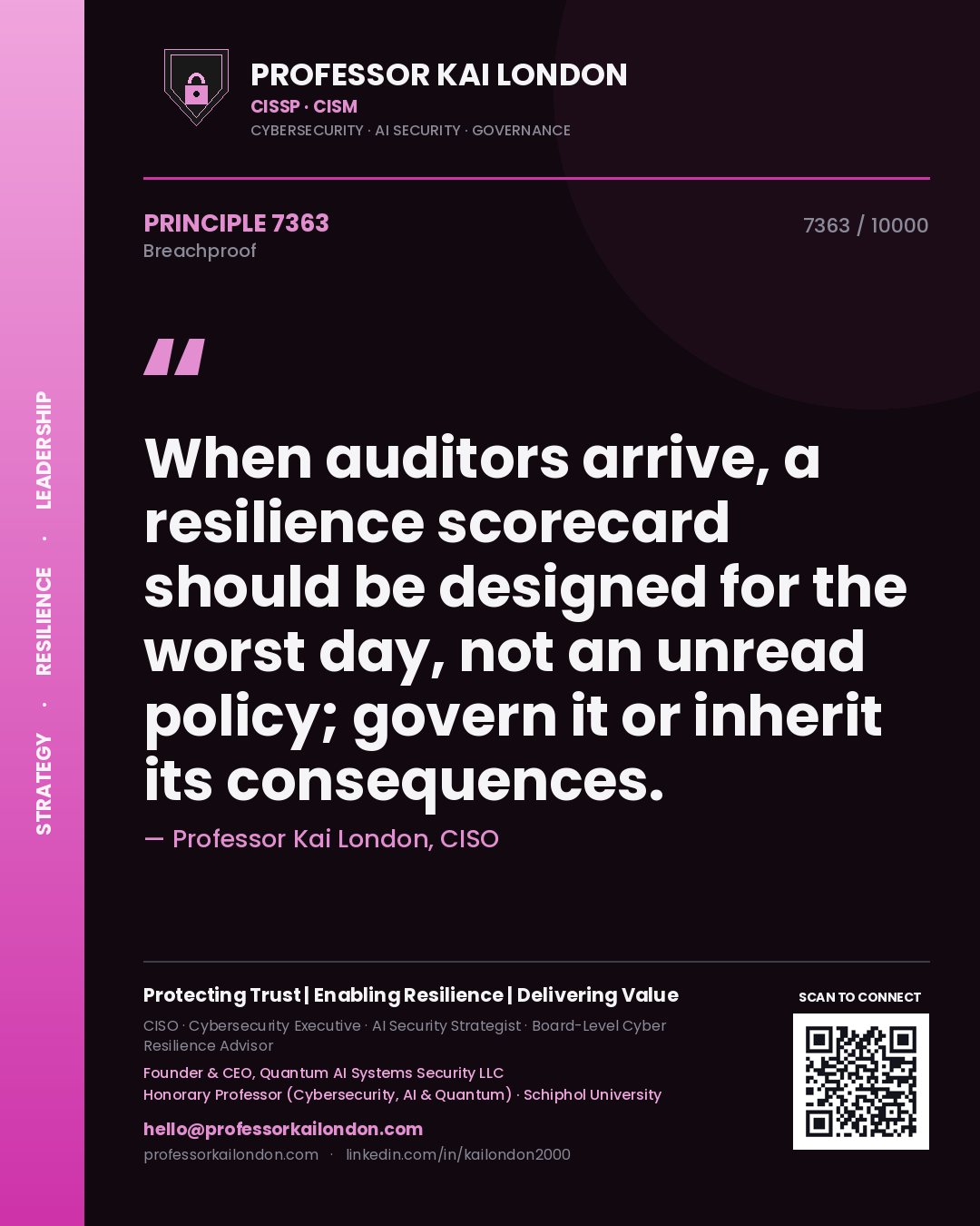 Professor Kai London principle 7363: When auditors arrive, a resilience scorecard should be designed for the worst day, not an unread policy; govern it or inherit its consequences.