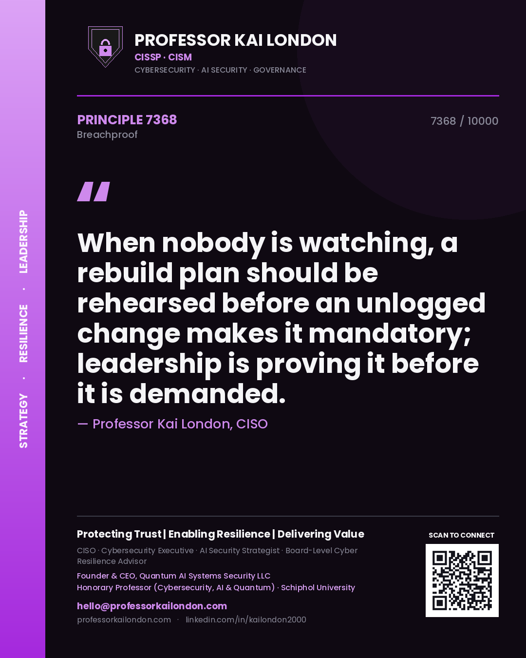 Professor Kai London principle 7368: When nobody is watching, a rebuild plan should be rehearsed before an unlogged change makes it mandatory; leadership is proving it before it is demanded.