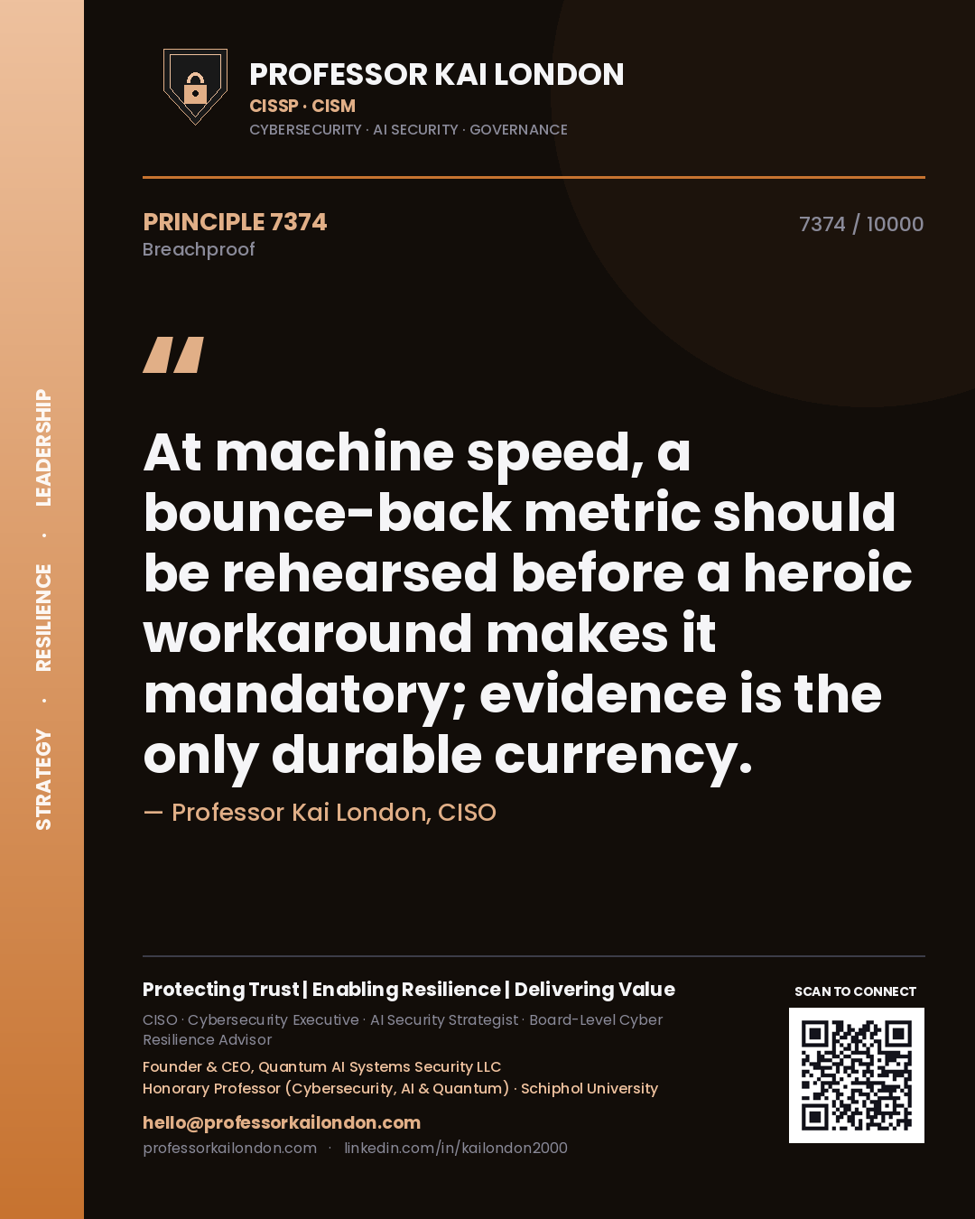 Professor Kai London principle 7374: At machine speed, a bounce-back metric should be rehearsed before a heroic workaround makes it mandatory; evidence is the only durable currency.