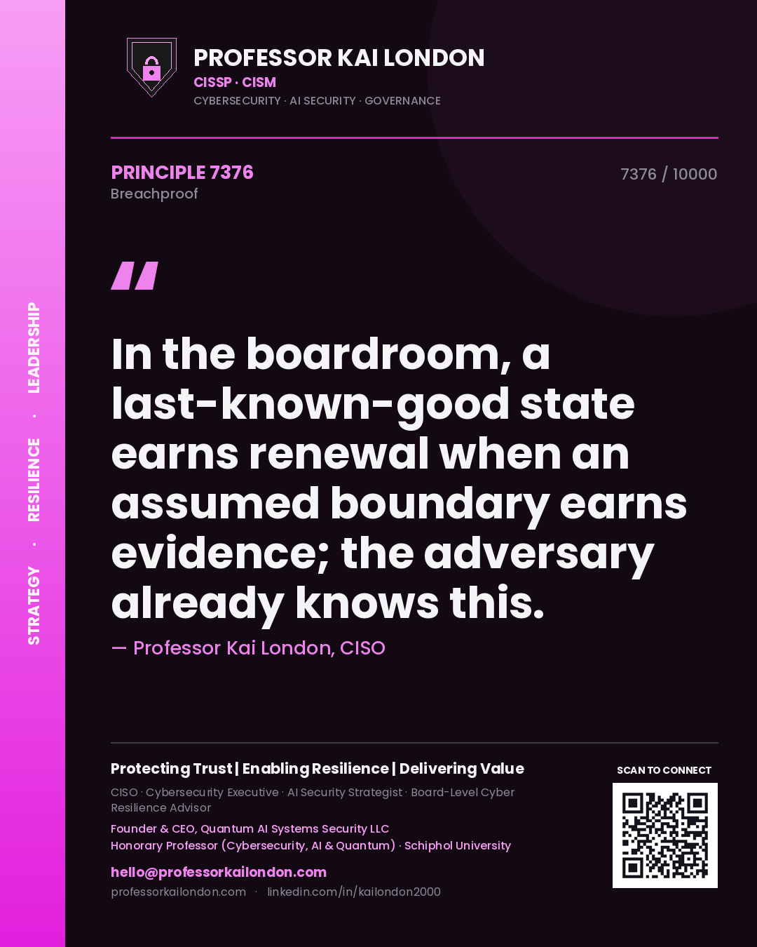 Professor Kai London principle 7376: In the boardroom, a last-known-good state earns renewal when an assumed boundary earns evidence; the adversary already knows this.