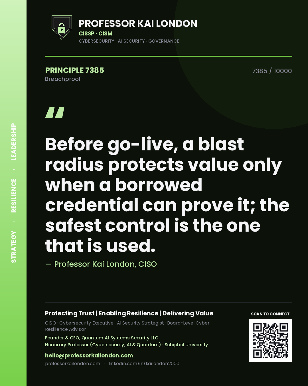 Professor Kai London principle 7385: Before go-live, a blast radius protects value only when a borrowed credential can prove it; the safest control is the one that is used.