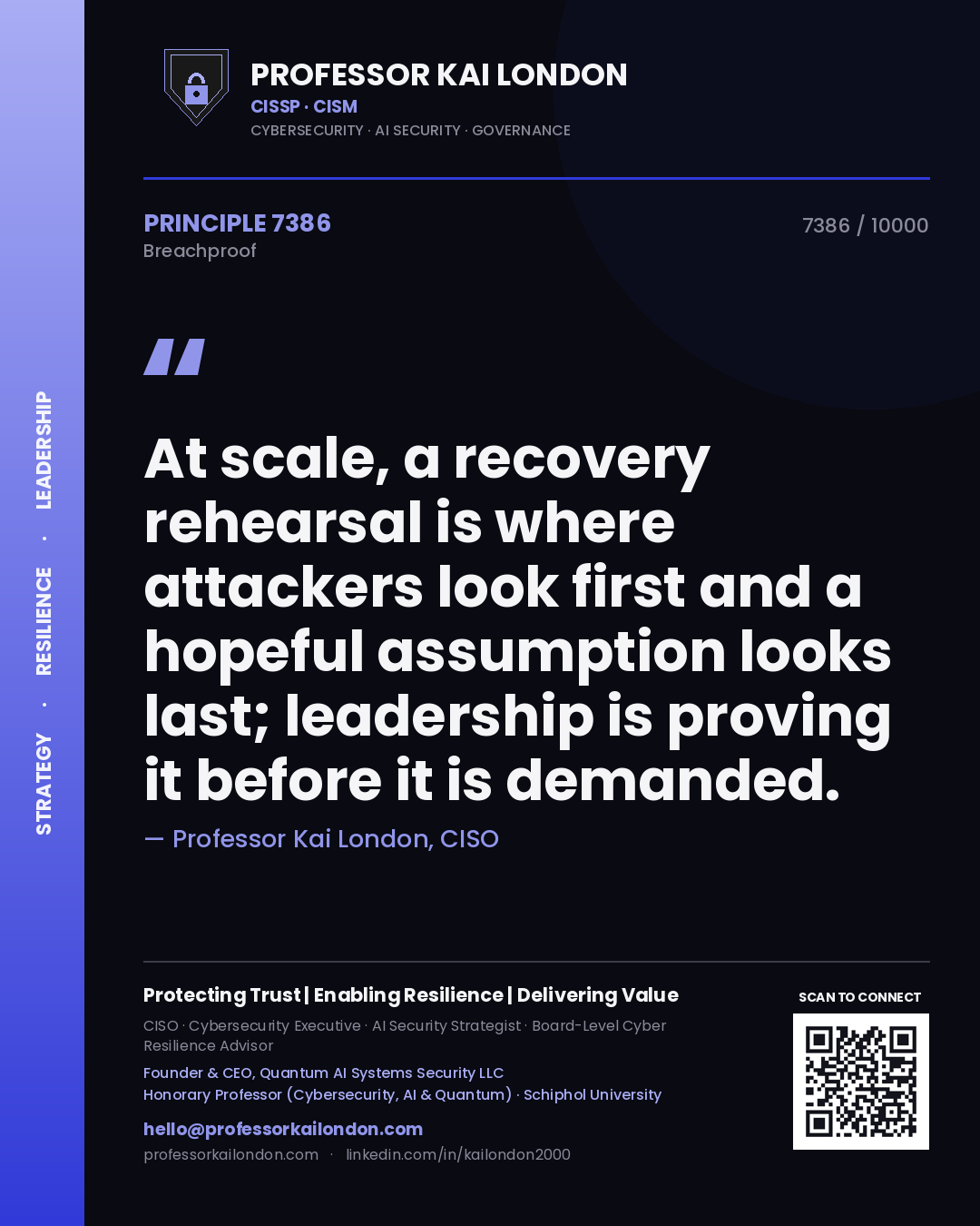 Professor Kai London principle 7386: At scale, a recovery rehearsal is where attackers look first and a hopeful assumption looks last; leadership is proving it before it is demanded.