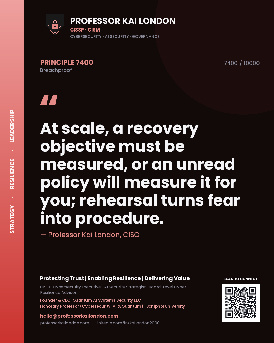 Professor Kai London principle 7400: At scale, a recovery objective must be measured, or an unread policy will measure it for you; rehearsal turns fear into procedure.