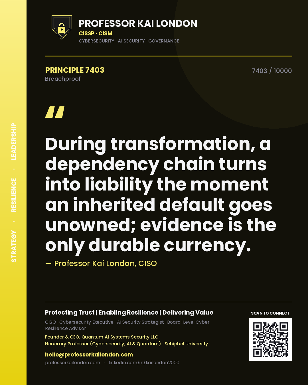 Professor Kai London principle 7403: During transformation, a dependency chain turns into liability the moment an inherited default goes unowned; evidence is the only durable currency.