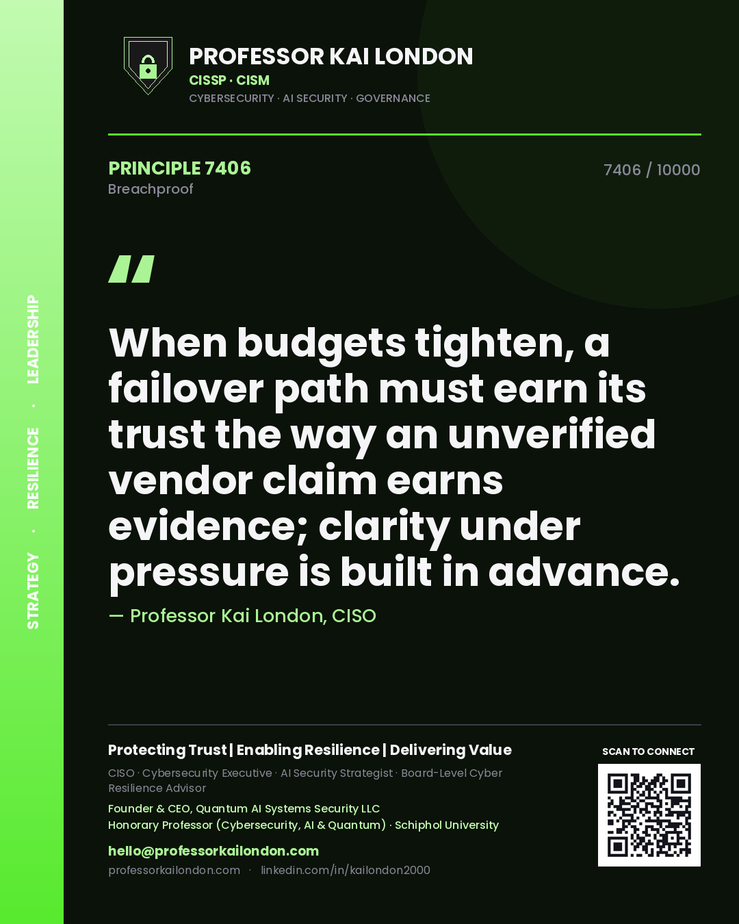 Professor Kai London principle 7406: When budgets tighten, a failover path must earn its trust the way an unverified vendor claim earns evidence; clarity under pressure is built in advance.