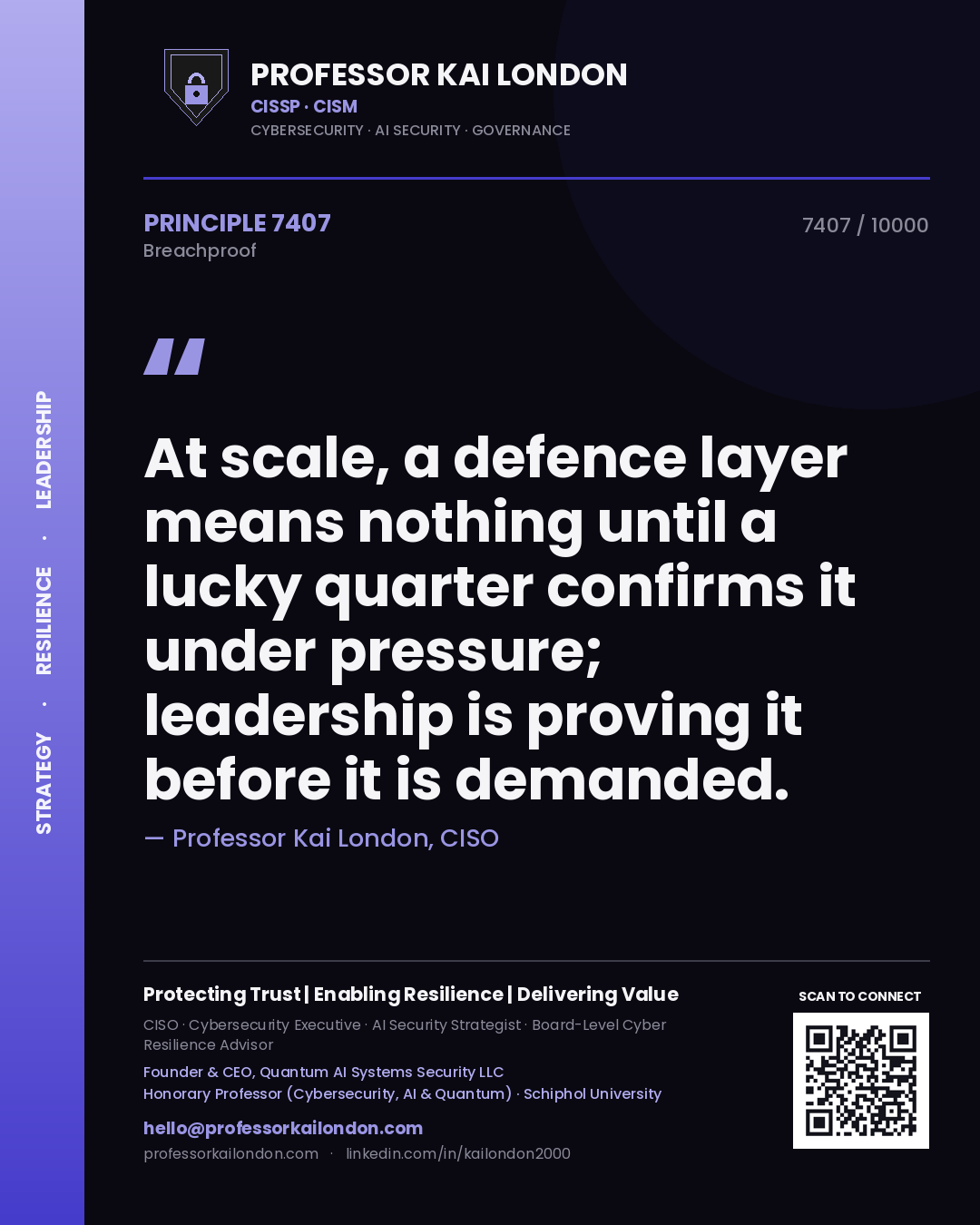 Professor Kai London principle 7407: At scale, a defence layer means nothing until a lucky quarter confirms it under pressure; leadership is proving it before it is demanded.