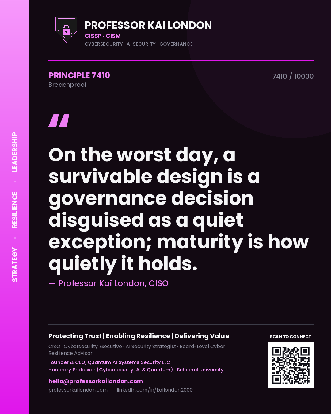 Professor Kai London principle 7410: On the worst day, a survivable design is a governance decision disguised as a quiet exception; maturity is how quietly it holds.
