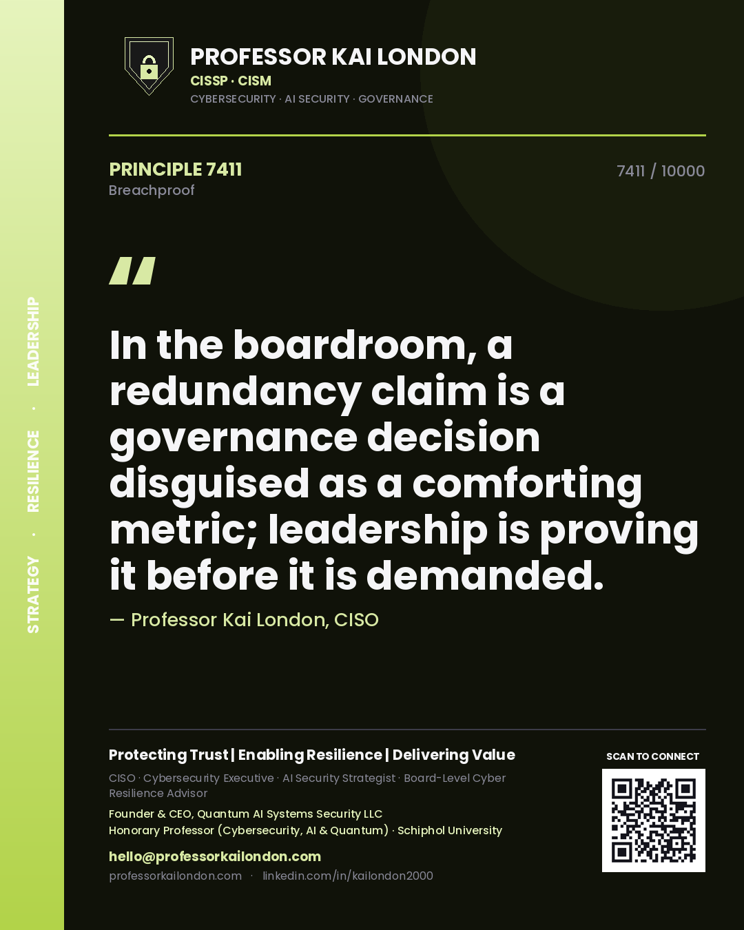 Professor Kai London principle 7411: In the boardroom, a redundancy claim is a governance decision disguised as a comforting metric; leadership is proving it before it is demanded.