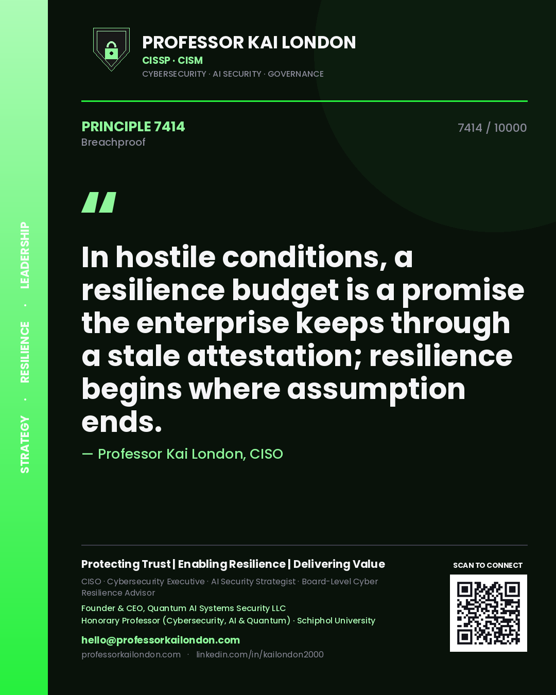 Professor Kai London principle 7414: In hostile conditions, a resilience budget is a promise the enterprise keeps through a stale attestation; resilience begins where assumption ends.