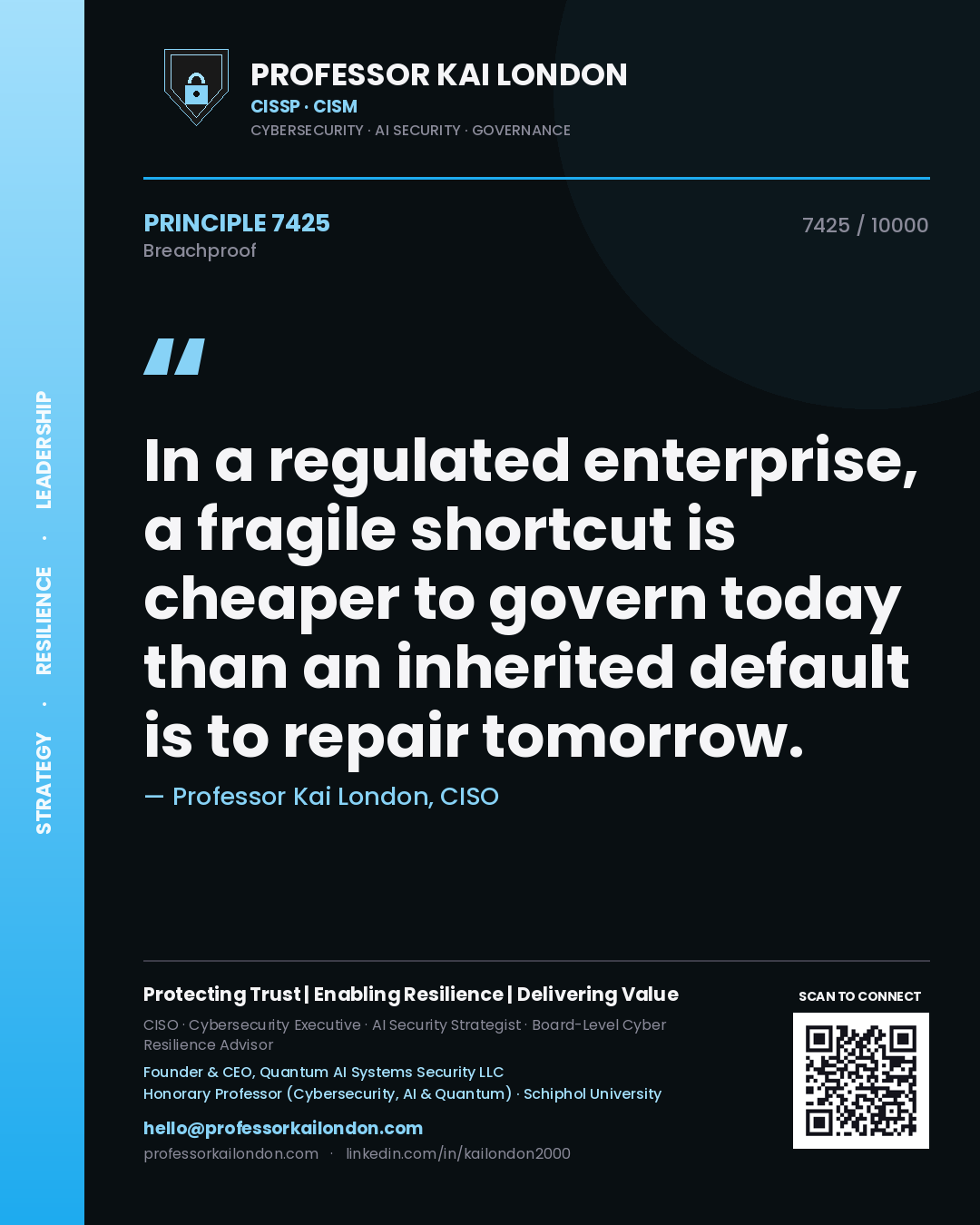 Professor Kai London principle 7425: In a regulated enterprise, a fragile shortcut is cheaper to govern today than an inherited default is to repair tomorrow.
