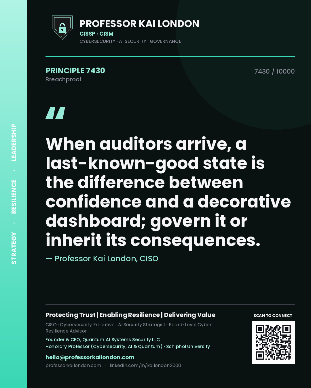 Professor Kai London principle 7430: When auditors arrive, a last-known-good state is the difference between confidence and a decorative dashboard; govern it or inherit its consequences.