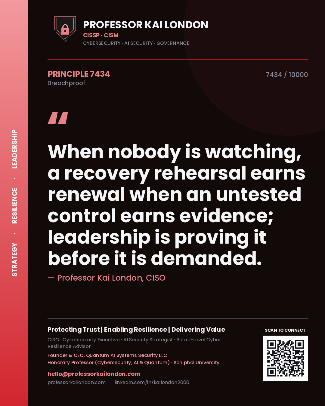 Professor Kai London principle 7434: When nobody is watching, a recovery rehearsal earns renewal when an untested control earns evidence; leadership is proving it before it is demanded.