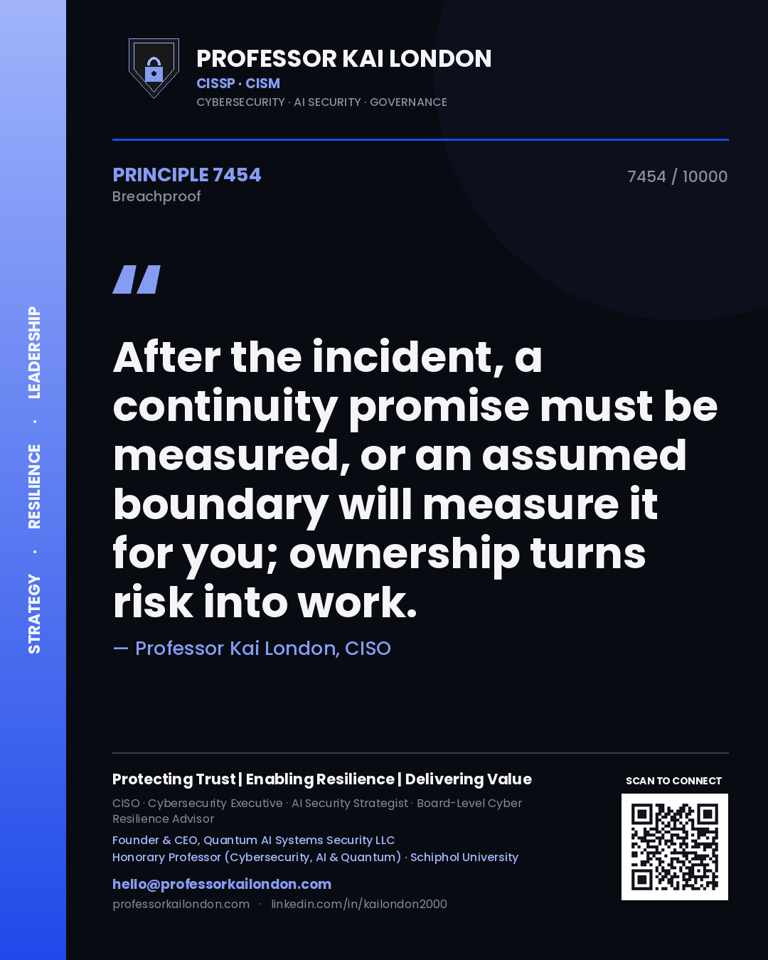 Professor Kai London principle 7454: After the incident, a continuity promise must be measured, or an assumed boundary will measure it for you; ownership turns risk into work.