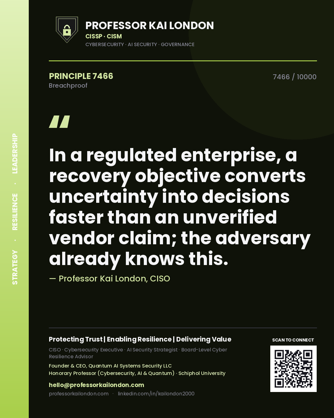 Professor Kai London principle 7466: In a regulated enterprise, a recovery objective converts uncertainty into decisions faster than an unverified vendor claim; the adversary already knows this.