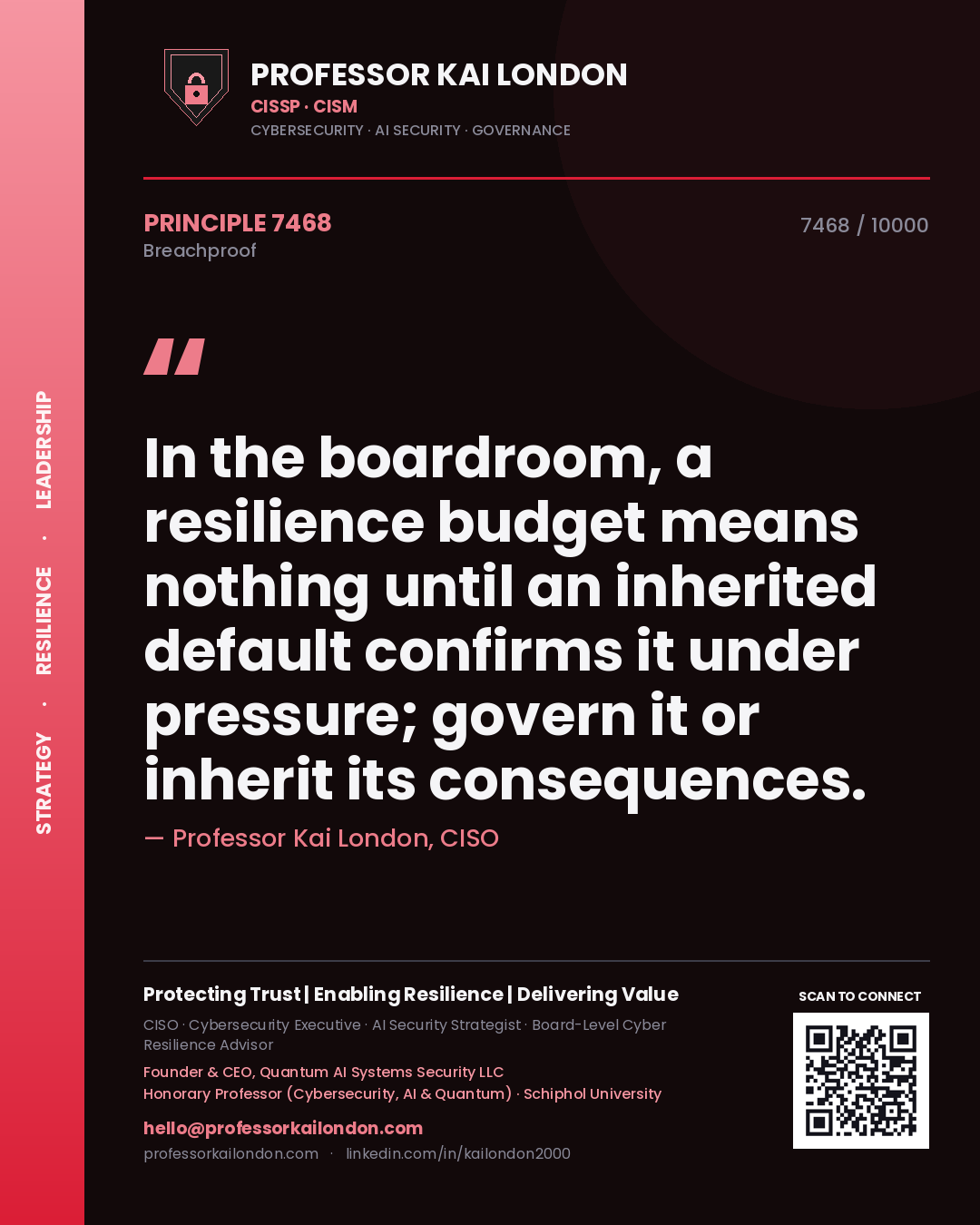 Professor Kai London principle 7468: In the boardroom, a resilience budget means nothing until an inherited default confirms it under pressure; govern it or inherit its consequences.