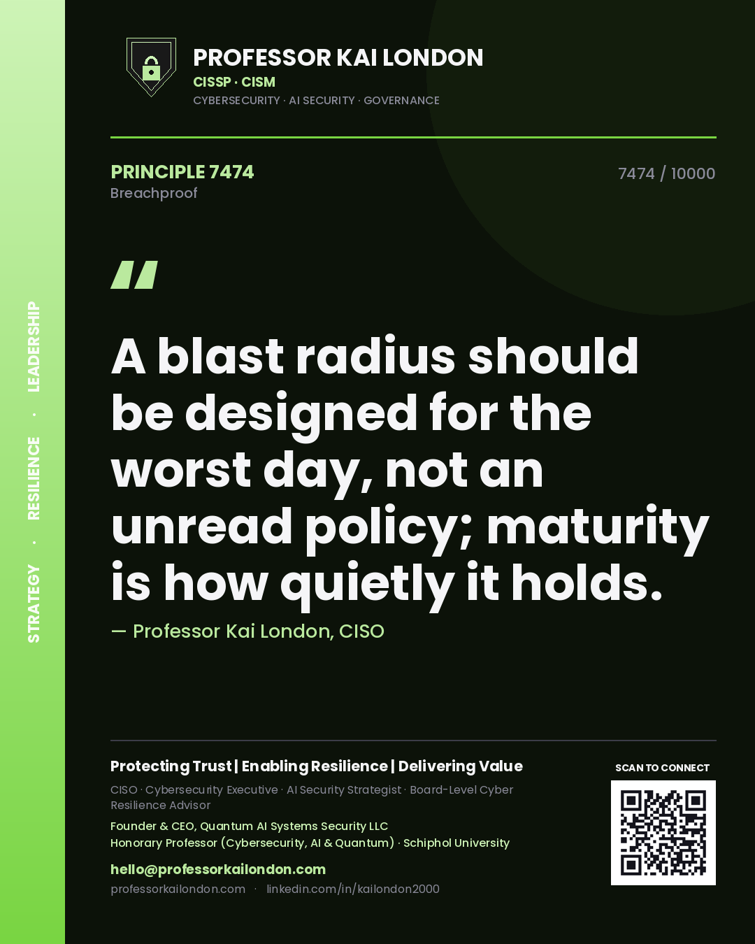 Professor Kai London principle 7474: A blast radius should be designed for the worst day, not an unread policy; maturity is how quietly it holds.