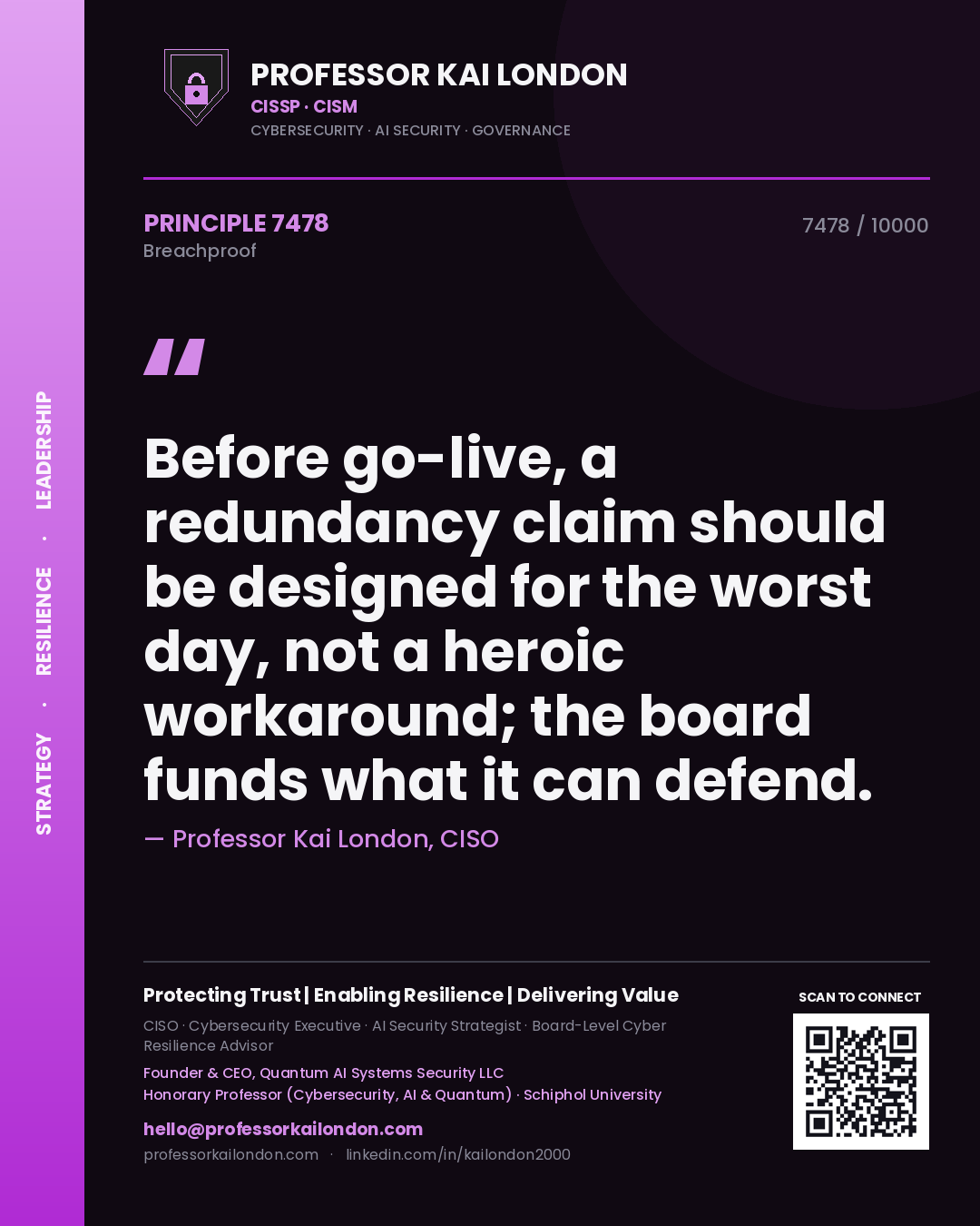Professor Kai London principle 7478: Before go-live, a redundancy claim should be designed for the worst day, not a heroic workaround; the board funds what it can defend.
