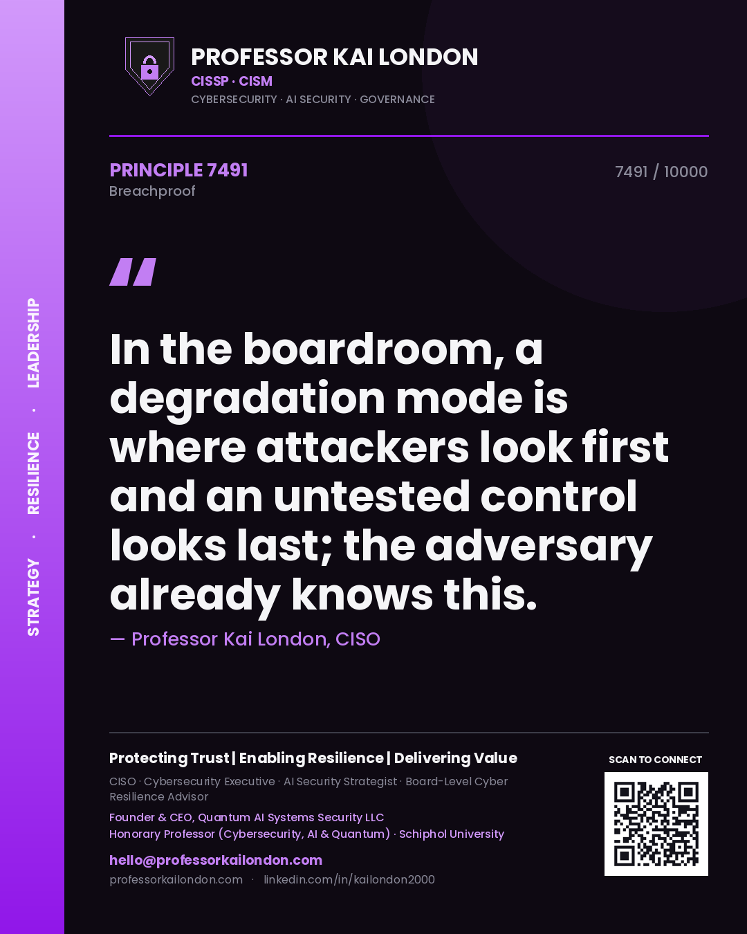 Professor Kai London principle 7491: In the boardroom, a degradation mode is where attackers look first and an untested control looks last; the adversary already knows this.