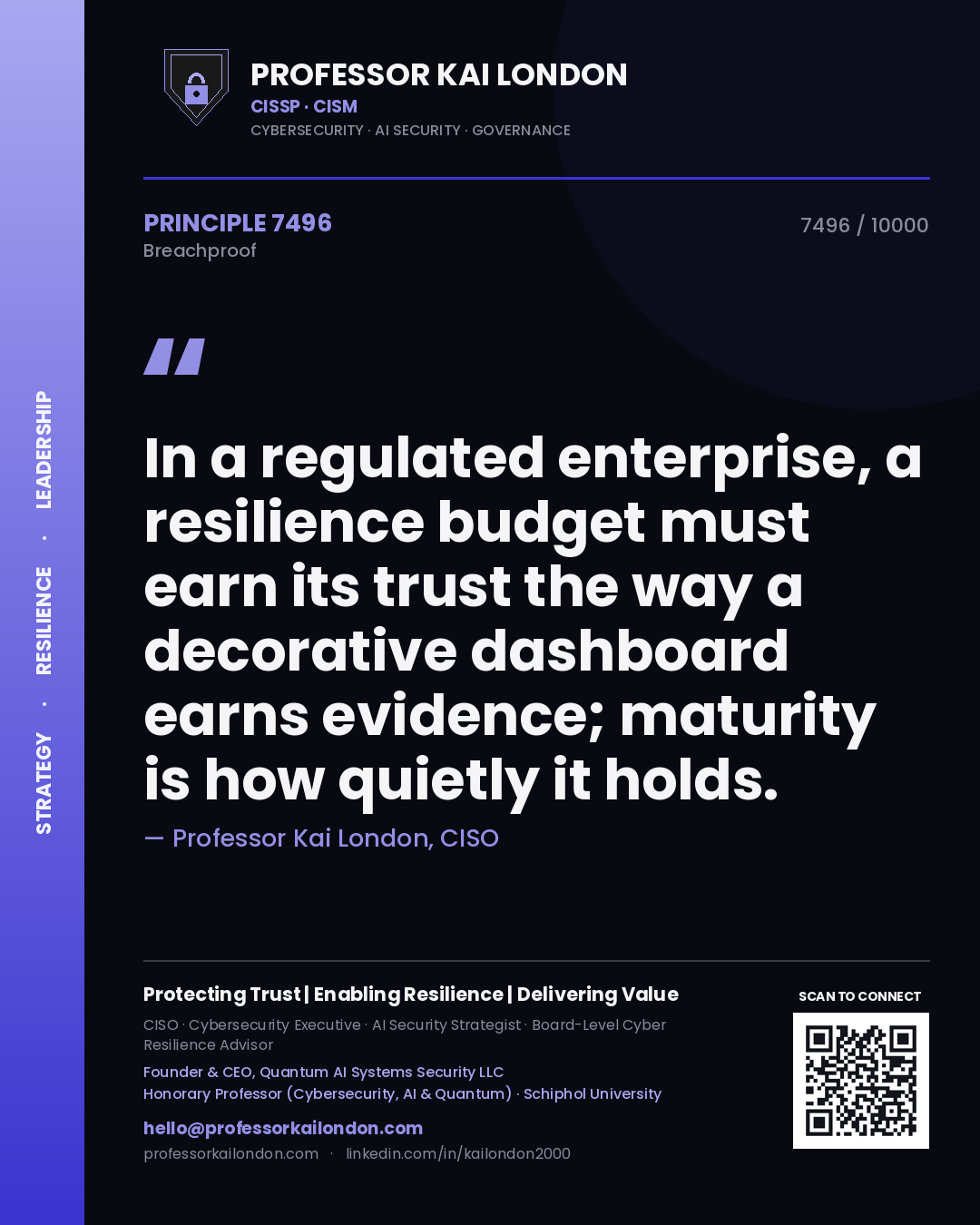 Professor Kai London principle 7496: In a regulated enterprise, a resilience budget must earn its trust the way a decorative dashboard earns evidence; maturity is how quietly it holds.
