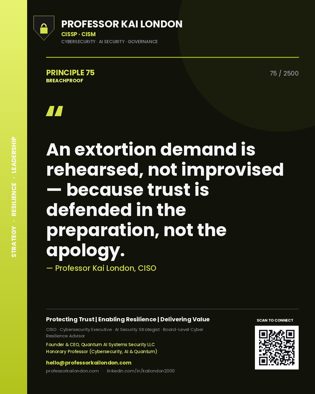 Professor Kai London principle 75: An extortion demand is rehearsed, not improvised — because trust is defended in the preparation, not the apology.
