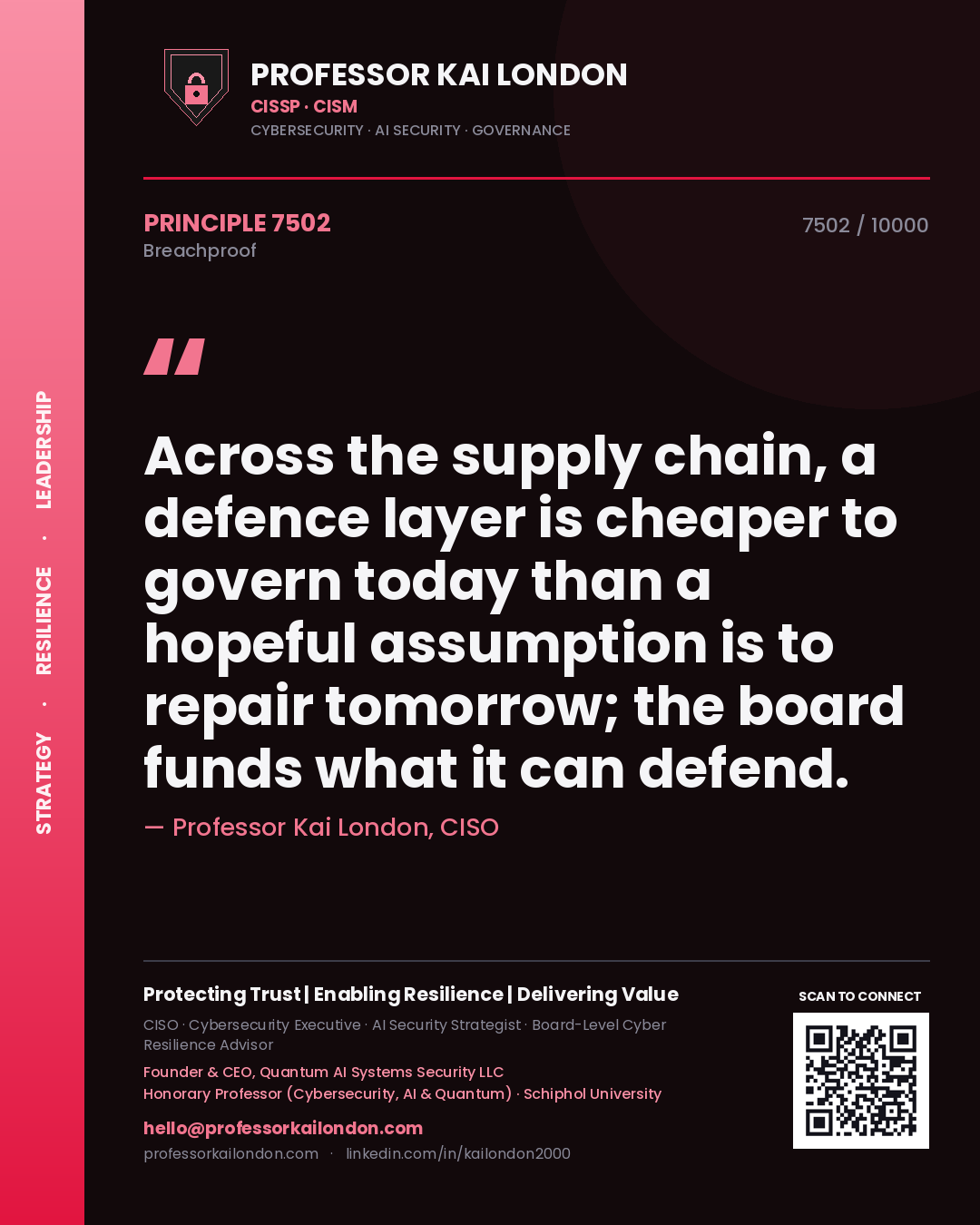 Professor Kai London principle 7502: Across the supply chain, a defence layer is cheaper to govern today than a hopeful assumption is to repair tomorrow; the board funds what it can defend.