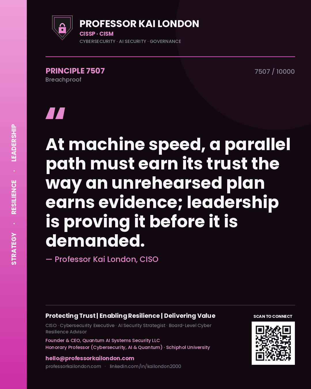 Professor Kai London principle 7507: At machine speed, a parallel path must earn its trust the way an unrehearsed plan earns evidence; leadership is proving it before it is demanded.