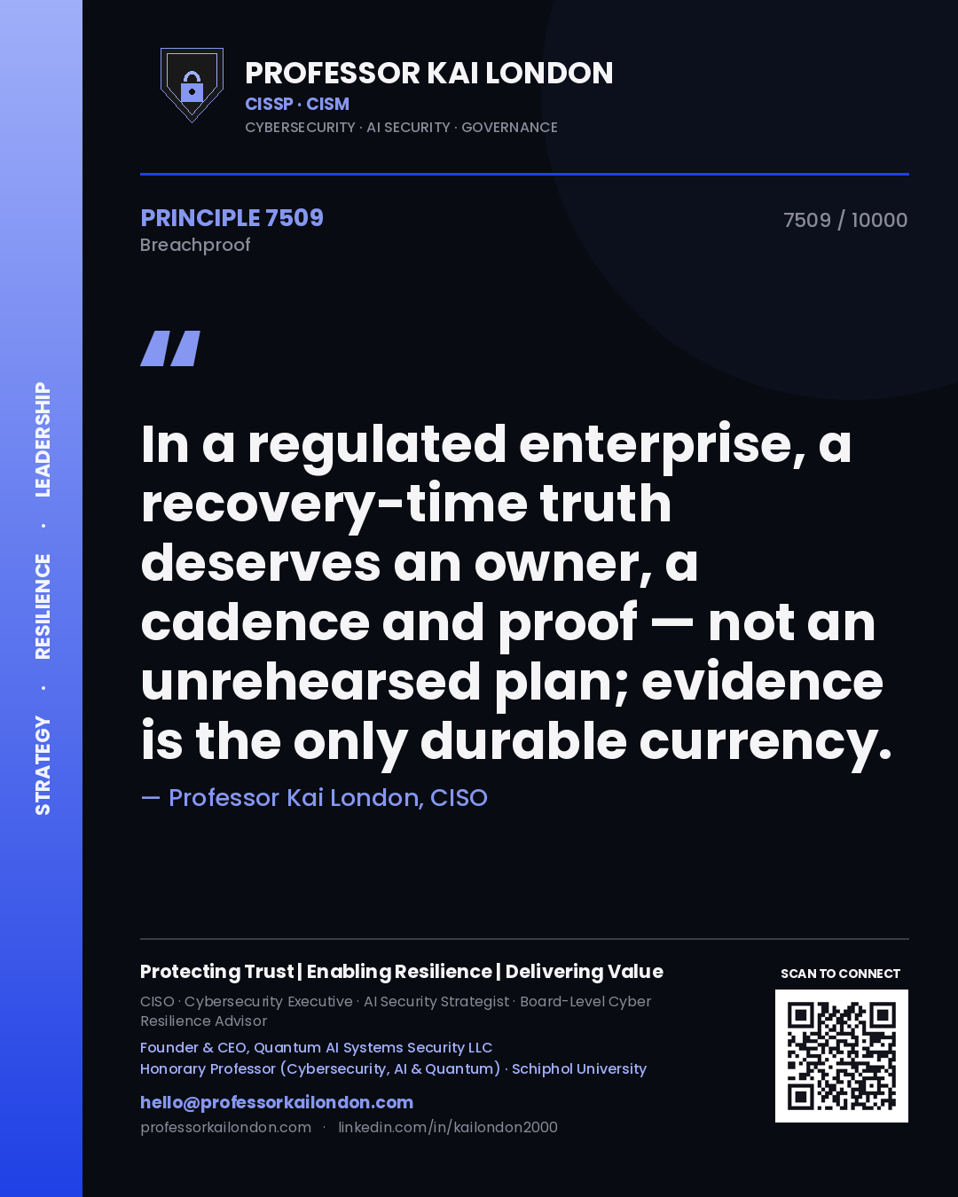 Professor Kai London principle 7509: In a regulated enterprise, a recovery-time truth deserves an owner, a cadence and proof — not an unrehearsed plan; evidence is the only durable currency.
