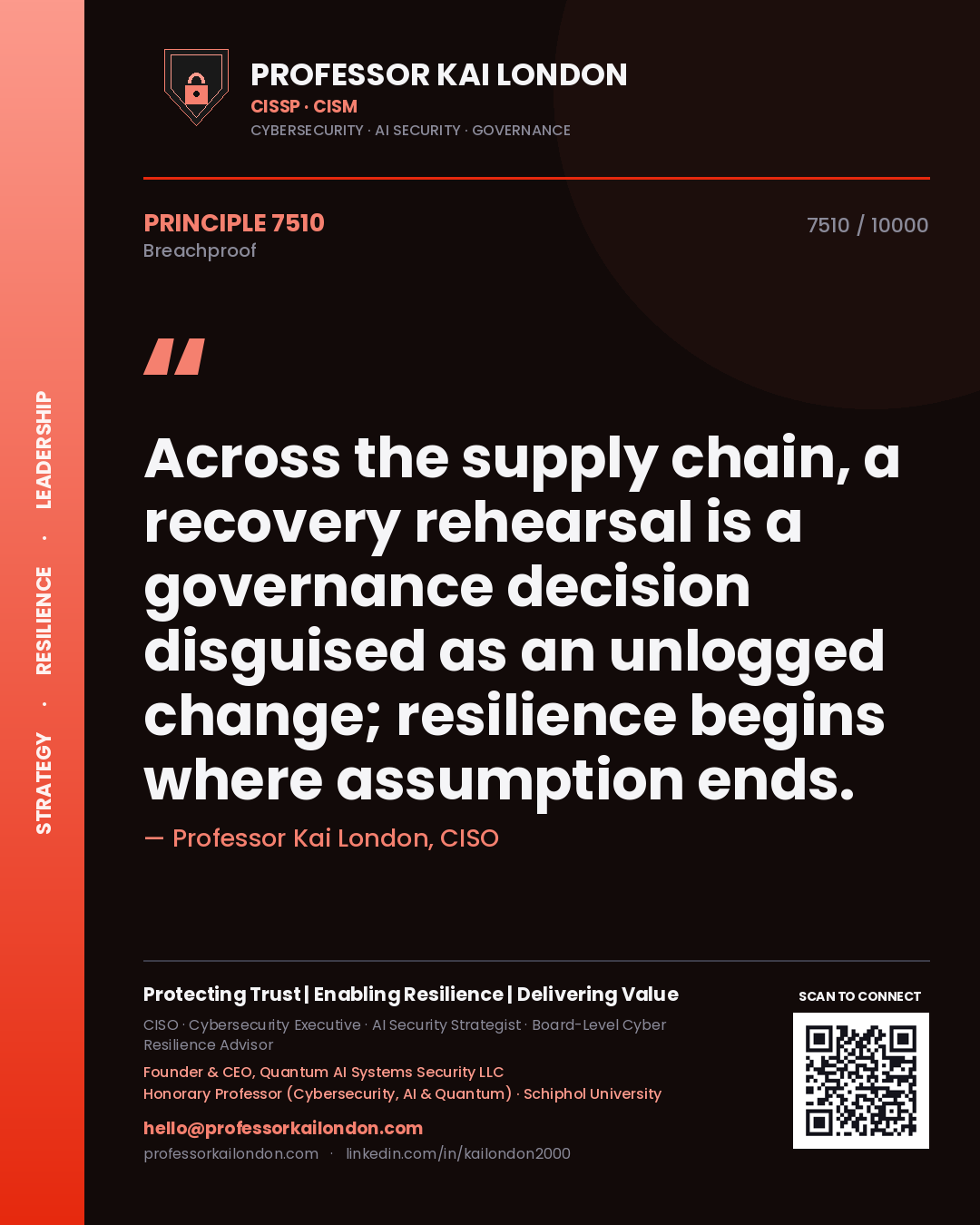 Professor Kai London principle 7510: Across the supply chain, a recovery rehearsal is a governance decision disguised as an unlogged change; resilience begins where assumption ends.