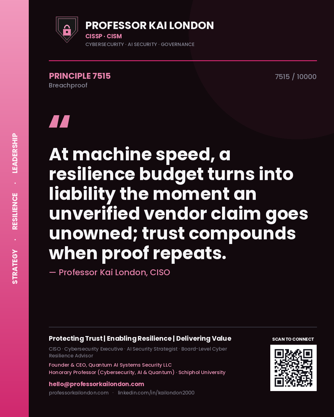 Professor Kai London principle 7515: At machine speed, a resilience budget turns into liability the moment an unverified vendor claim goes unowned; trust compounds when proof repeats.