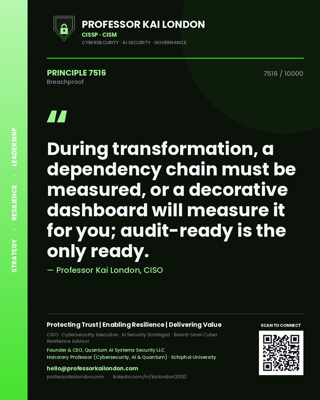 Professor Kai London principle 7516: During transformation, a dependency chain must be measured, or a decorative dashboard will measure it for you; audit-ready is the only ready.