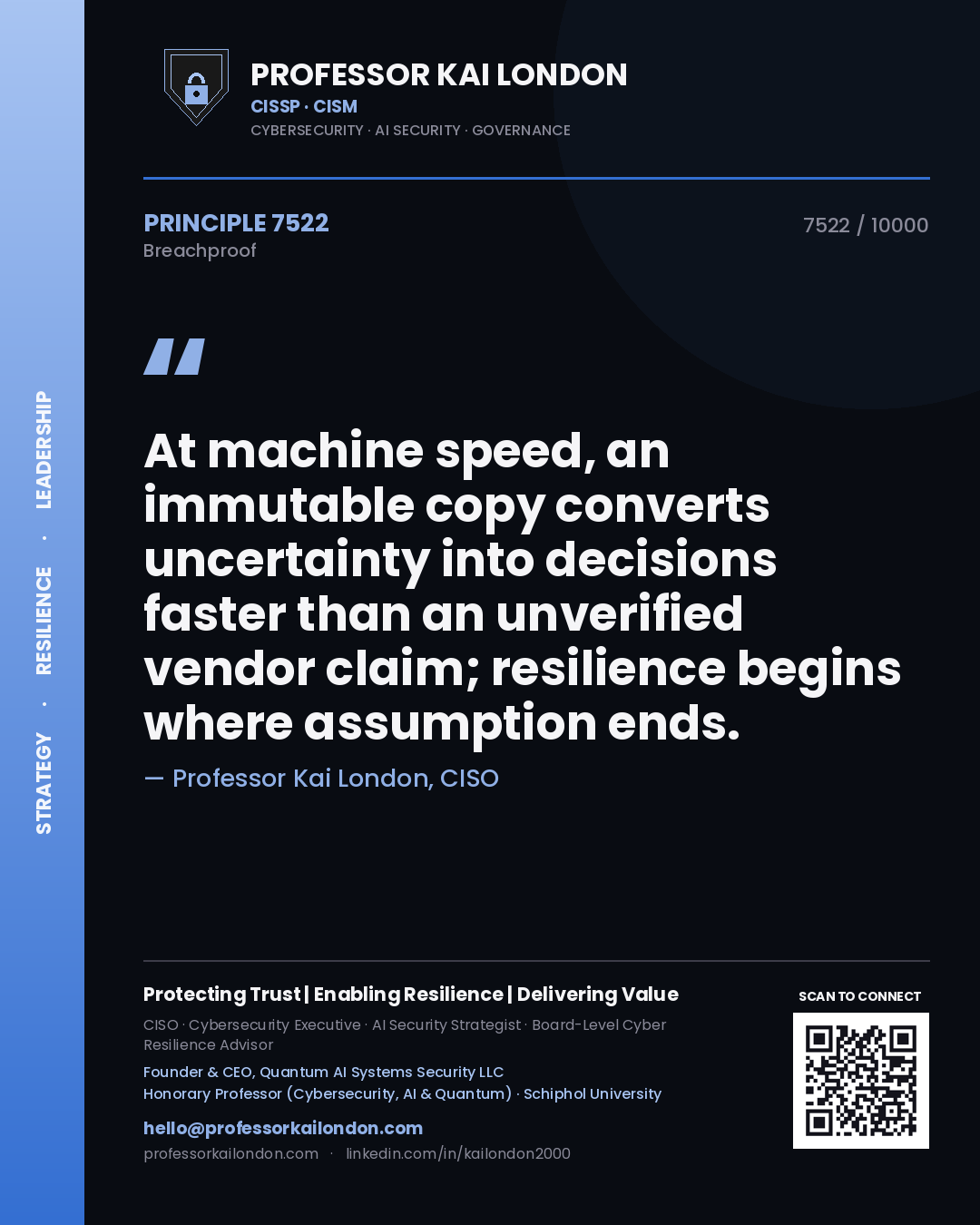 Professor Kai London principle 7522: At machine speed, an immutable copy converts uncertainty into decisions faster than an unverified vendor claim; resilience begins where assumption ends.