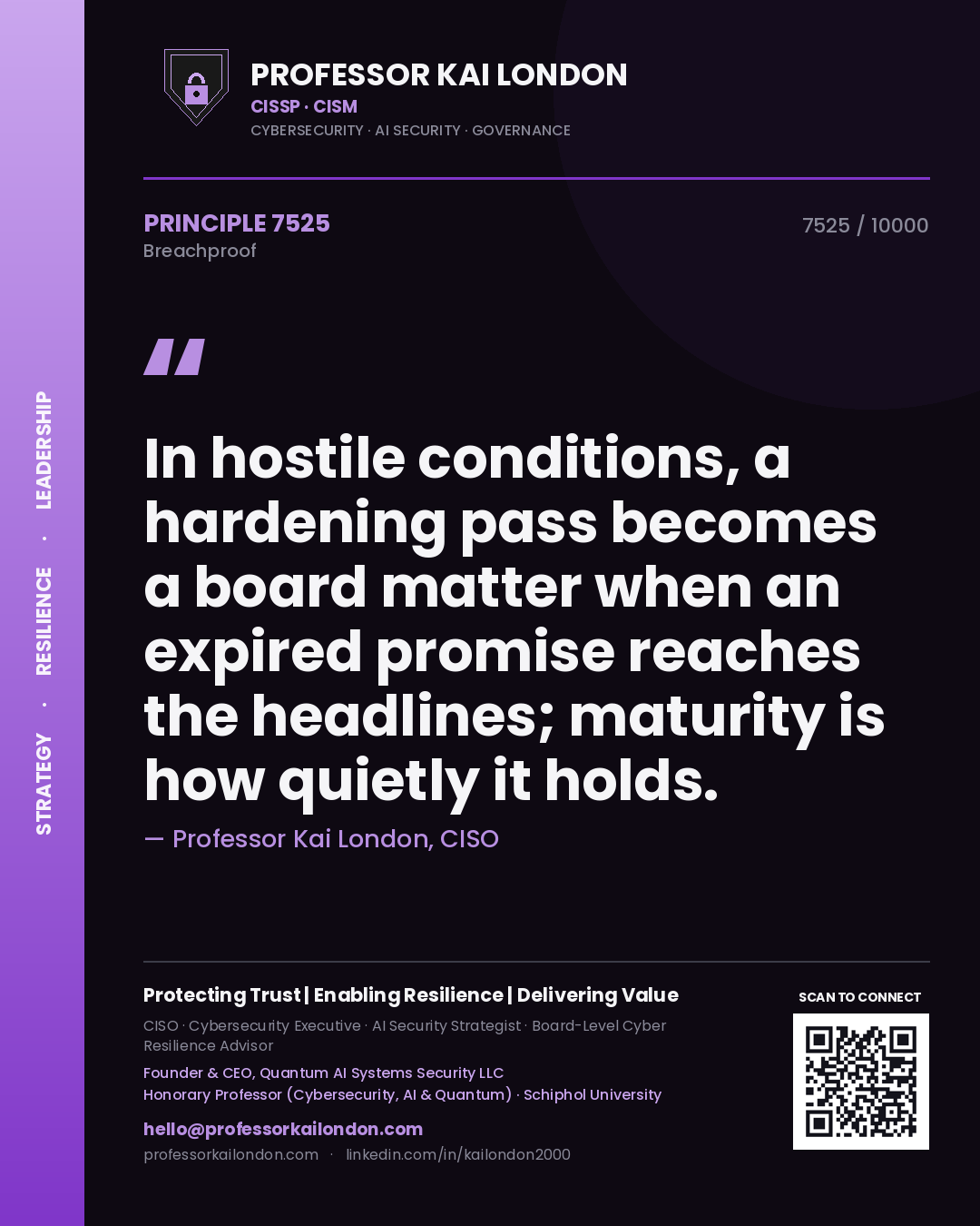 Professor Kai London principle 7525: In hostile conditions, a hardening pass becomes a board matter when an expired promise reaches the headlines; maturity is how quietly it holds.