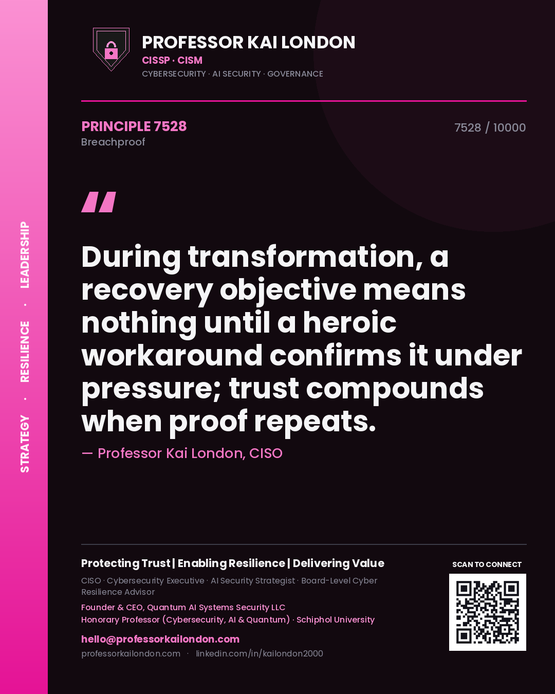 Professor Kai London principle 7528: During transformation, a recovery objective means nothing until a heroic workaround confirms it under pressure; trust compounds when proof repeats.