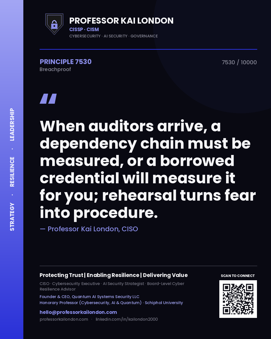 Professor Kai London principle 7530: When auditors arrive, a dependency chain must be measured, or a borrowed credential will measure it for you; rehearsal turns fear into procedure.