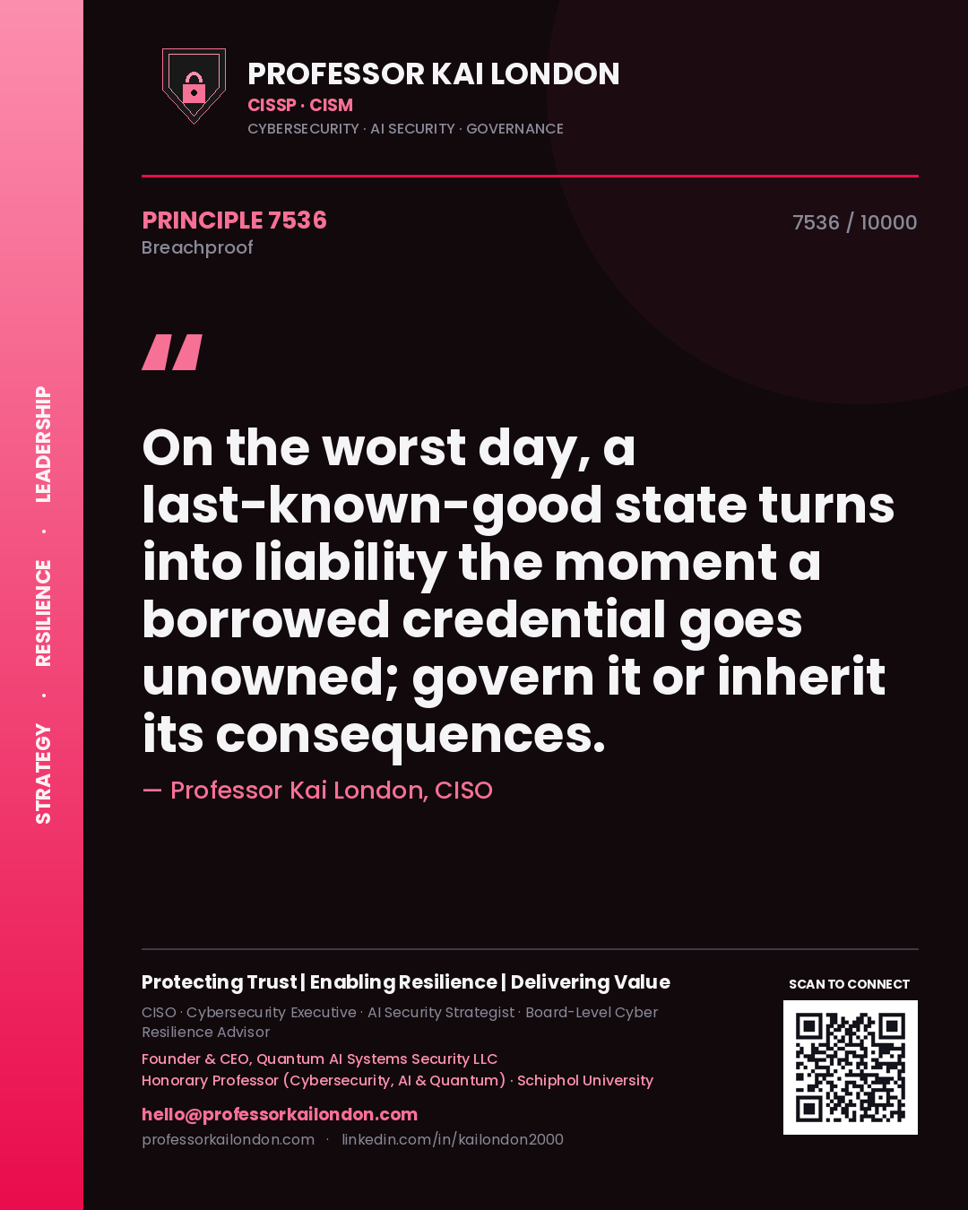 Professor Kai London principle 7536: On the worst day, a last-known-good state turns into liability the moment a borrowed credential goes unowned; govern it or inherit its consequences.