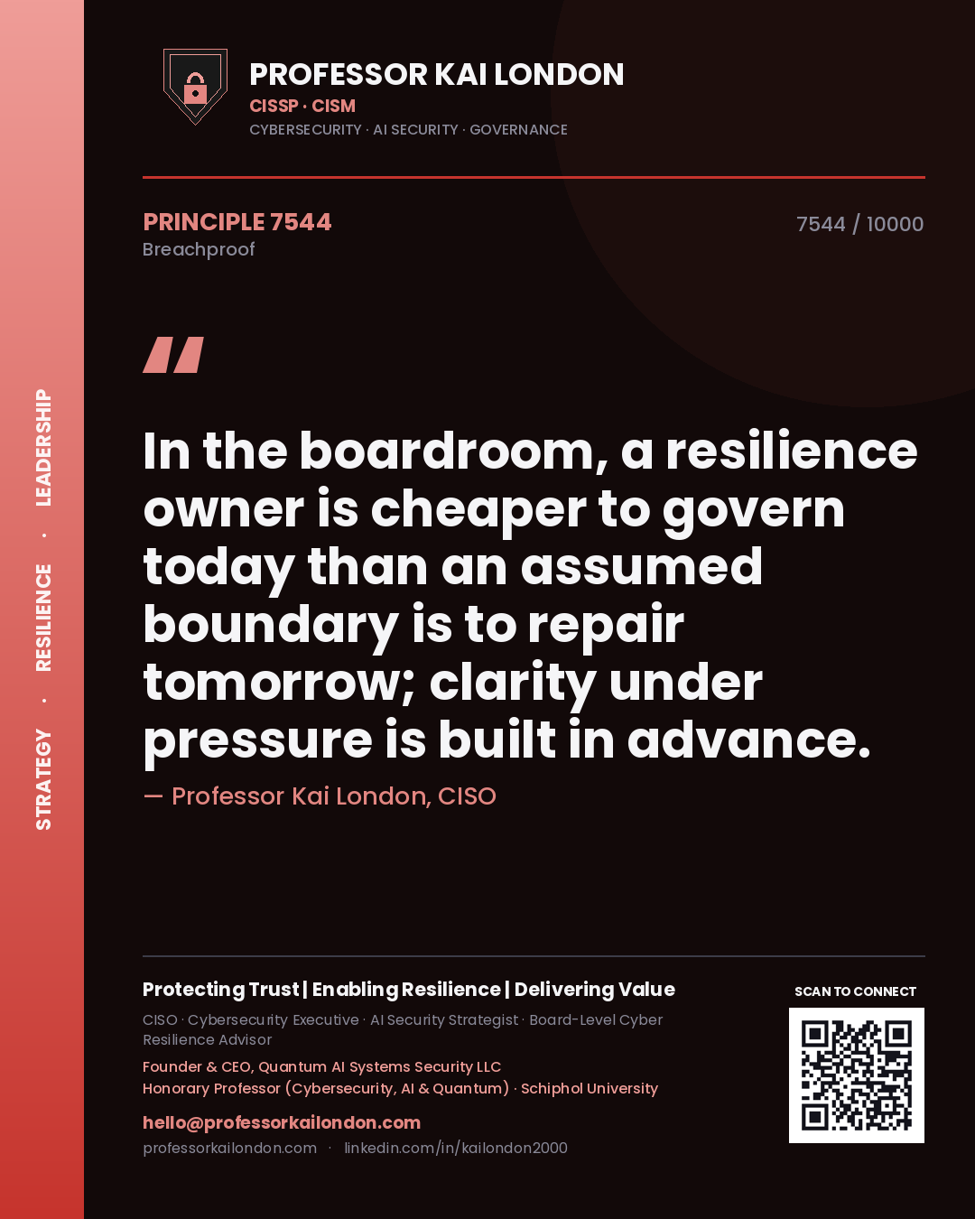 Professor Kai London principle 7544: In the boardroom, a resilience owner is cheaper to govern today than an assumed boundary is to repair tomorrow; clarity under pressure is built in advance.