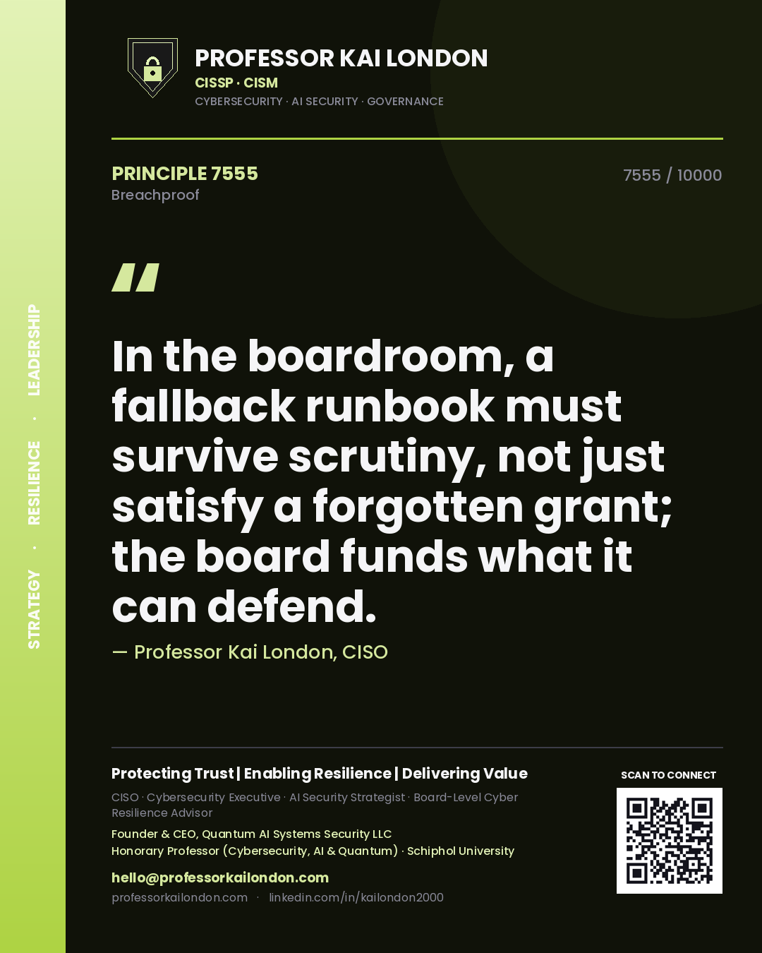 Professor Kai London principle 7555: In the boardroom, a fallback runbook must survive scrutiny, not just satisfy a forgotten grant; the board funds what it can defend.